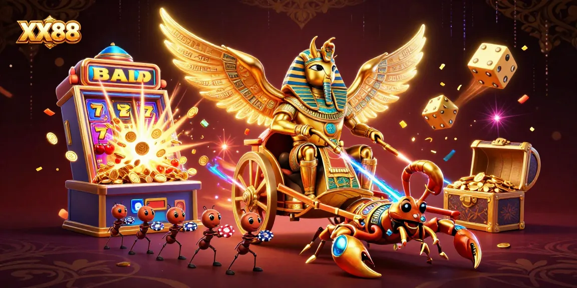 Experience thrilling moments with XX88's engaging casino scene featuring a deluxe slot machine and characters.