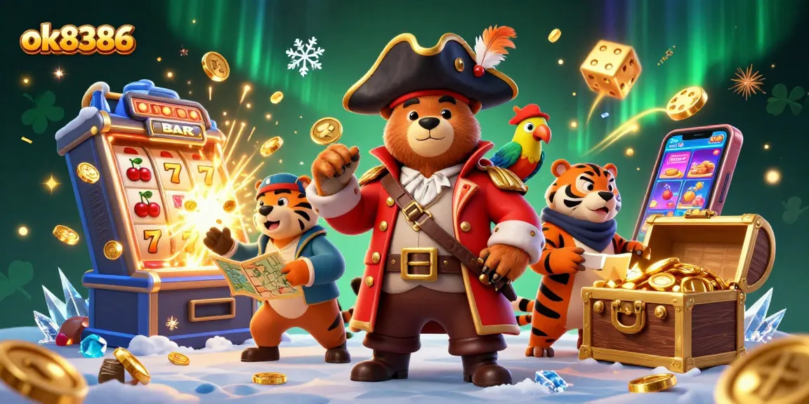 Spin jackpots with ok8386's thrilling scene featuring a pirate bear, tiger, and treasure.
