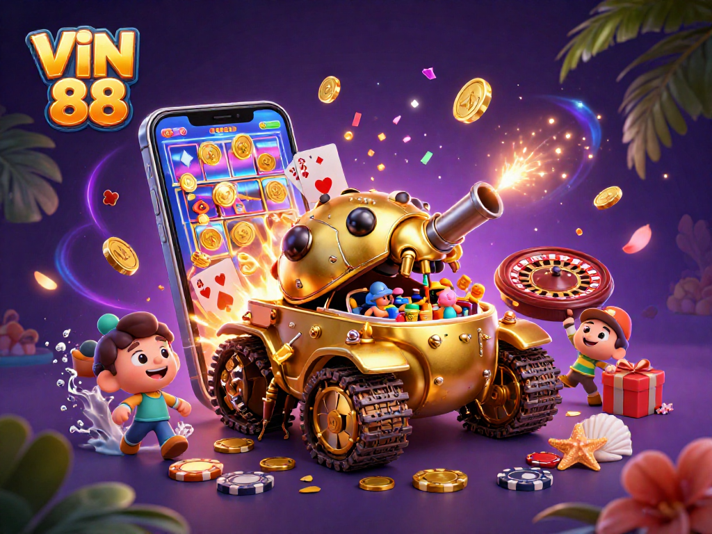 Experience VIN 88's dynamic casino scene featuring a colorful slot game and engaging elements.
