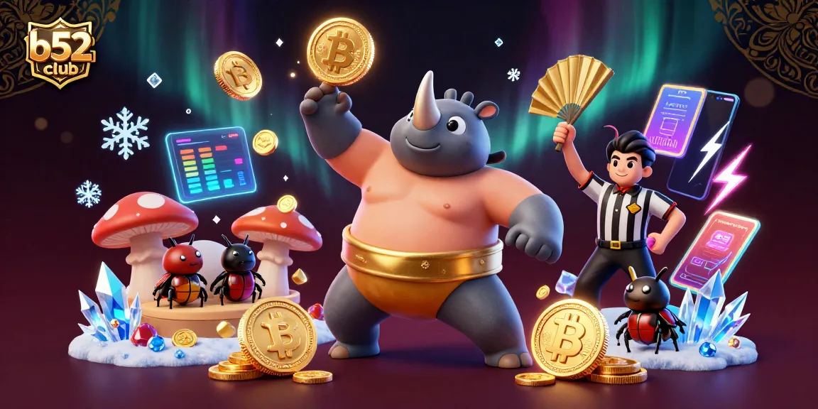 Experience the excitement of b52club with a rhino beetle champion amidst gold coins and blockchain displays.