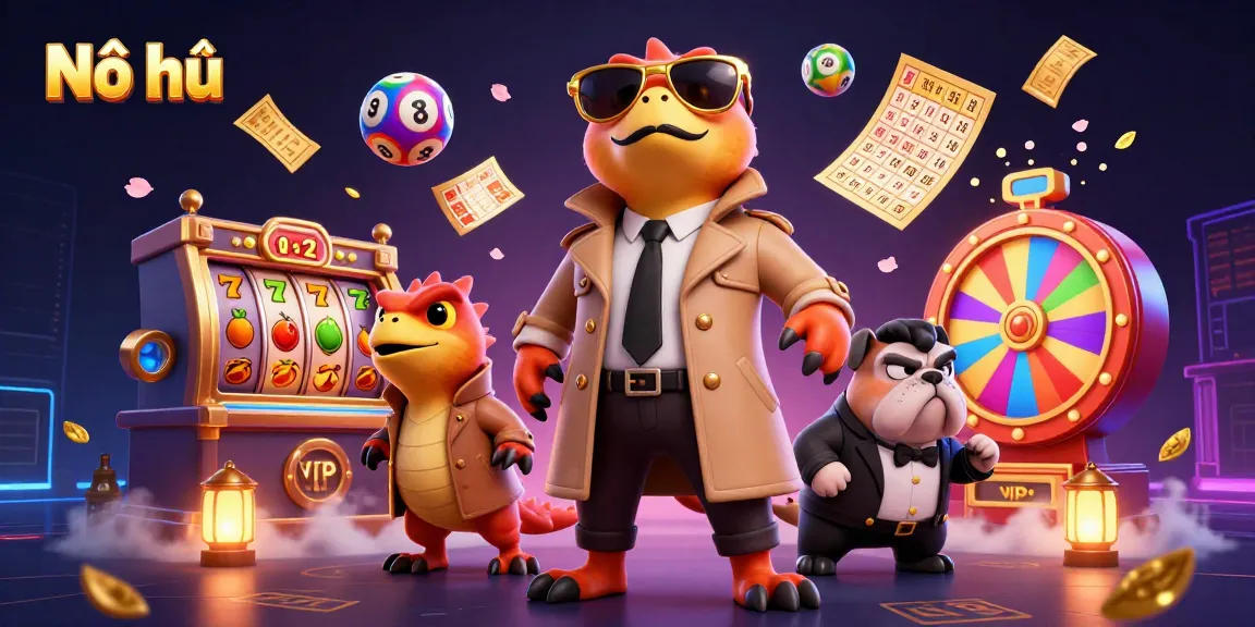 Nổ hũ: Three raptors amusingly disguised as a single tall person trying to enter a casino, surrounded by slot and lottery elements.