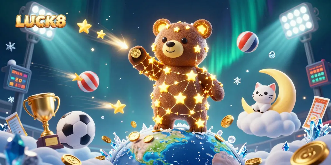 Experience the thrill of winning with LUCK8 as the constellation bear gathers coins amidst sports elements in a vibrant casino scene.
