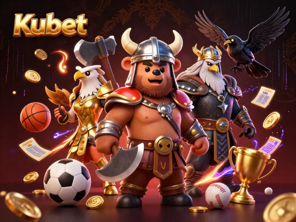 Kubet offers a thrilling 3D cartoon scene showcasing a Viking berserker bear and Valkyrie eagle amid dynamic sports betting elements.