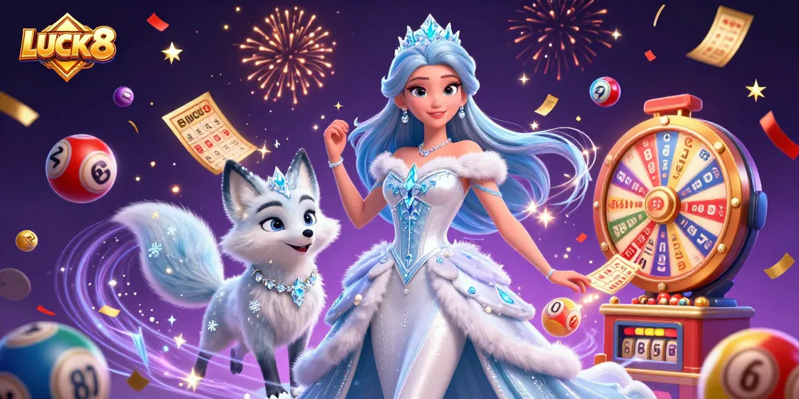 Play exciting games at LUCK 8 with vibrant lottery balls and golden tickets in a festive illustration.