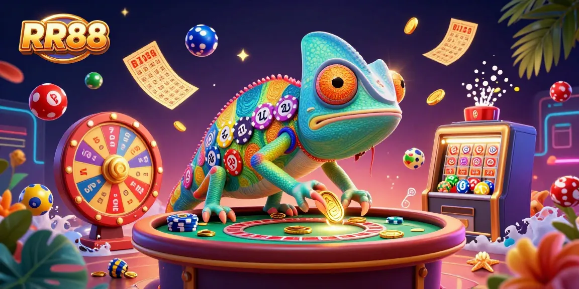 RR88 engages players with a vibrant 3D casino scene featuring colorful lottery balls and a chameleon owner.