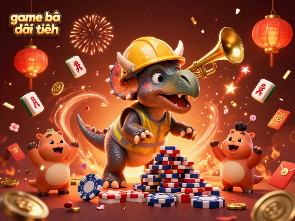 Engage in game bài đổi thưởng with a thrilling celebration scene of cartoon dinosaurs and casino elements.