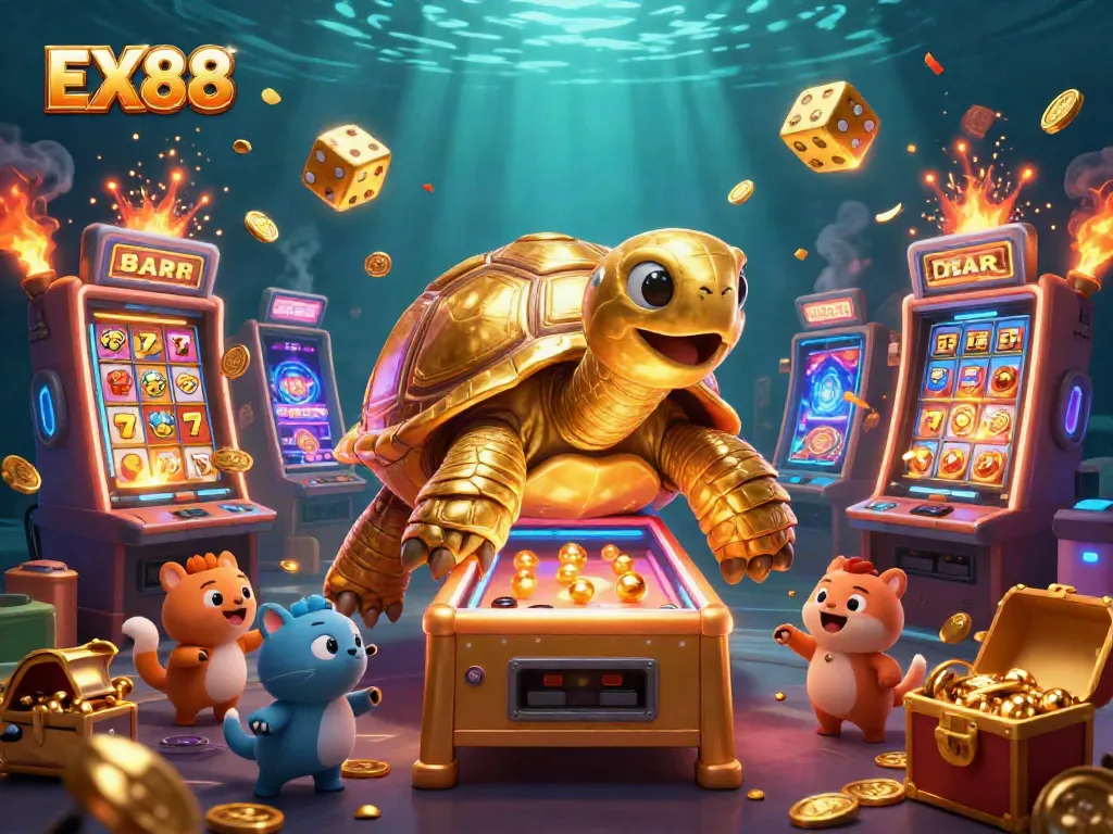 Experience the thrill of winning with EX88 in an immersive casino scene filled with golden jackpots and dynamic animations.