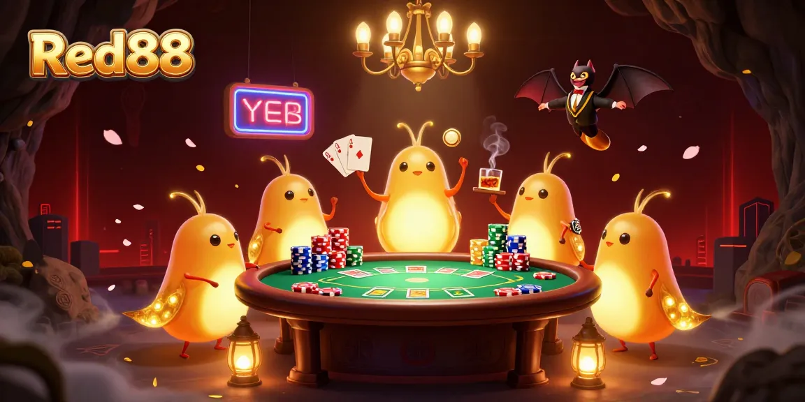 Experience Red88's vibrant cave casino with glowworms and a bat dealer amid glowing chips and cards.