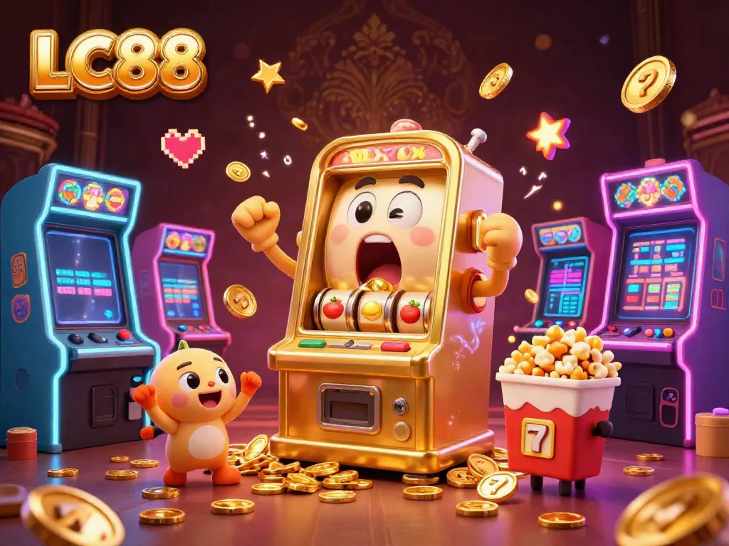 Celebrate winning at LC88 with a golden slot machine surrounded by cheering baby slots and a popcorn toss.