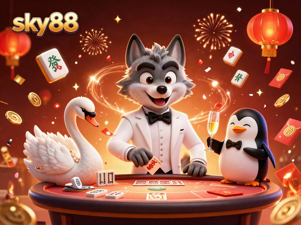 Experience exciting games at sky88 with vibrant characters and casino action in this stunning illustration.