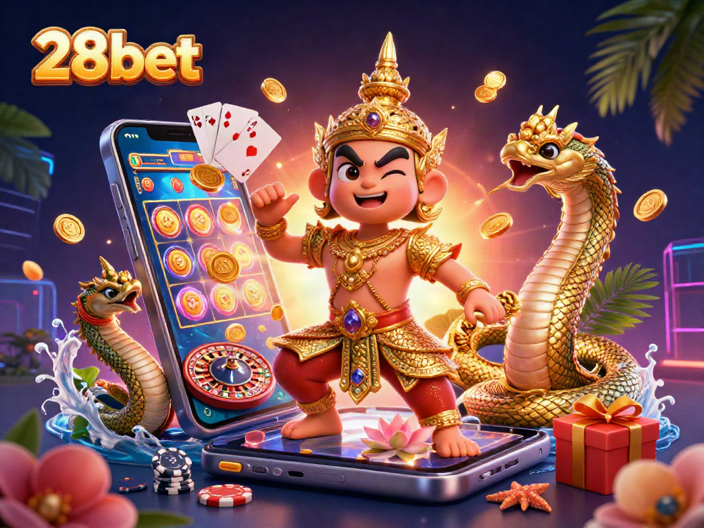 Engage with 28bet's vibrant casino adventure featuring a Thai temple guardian and dynamic gaming elements.