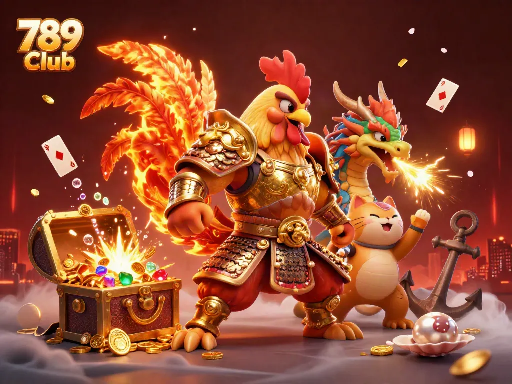 Experience the thrill at 789 Club with a cartoon warrior and dynamic casino elements.