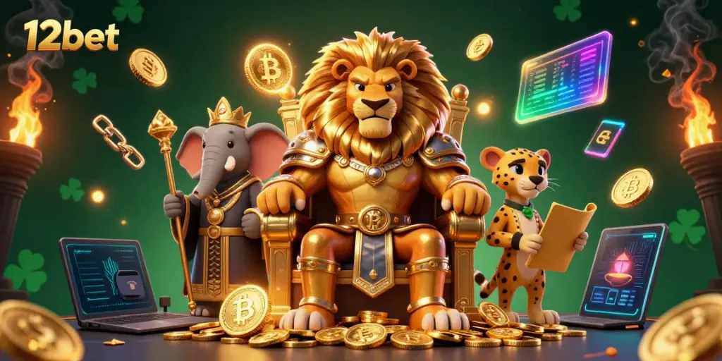 Engage in thrilling 12bet gaming with a regal lion and dynamic friends in a crypto-rich scene.