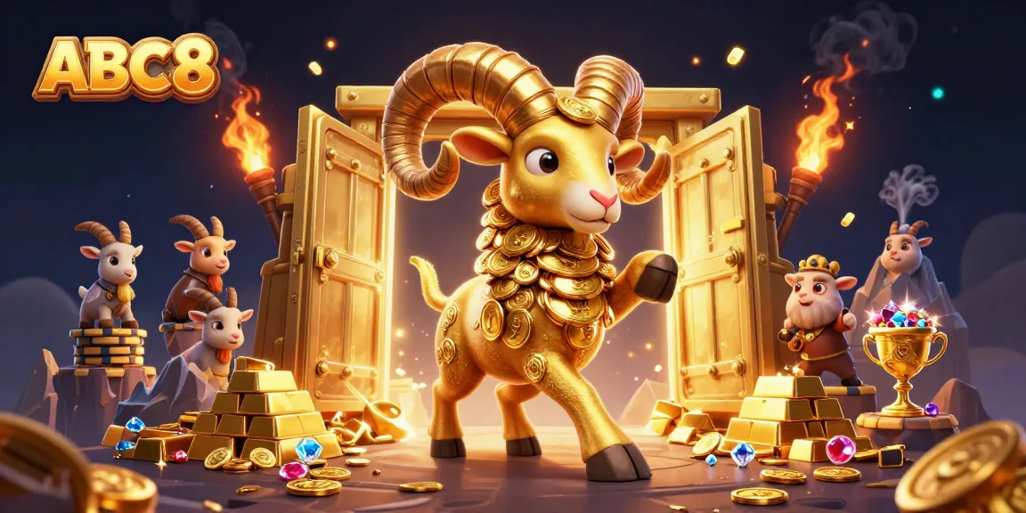 Experience the thrill of gambling at ABC8 with an exciting animated scene of a golden ram charging through a treasure vault.