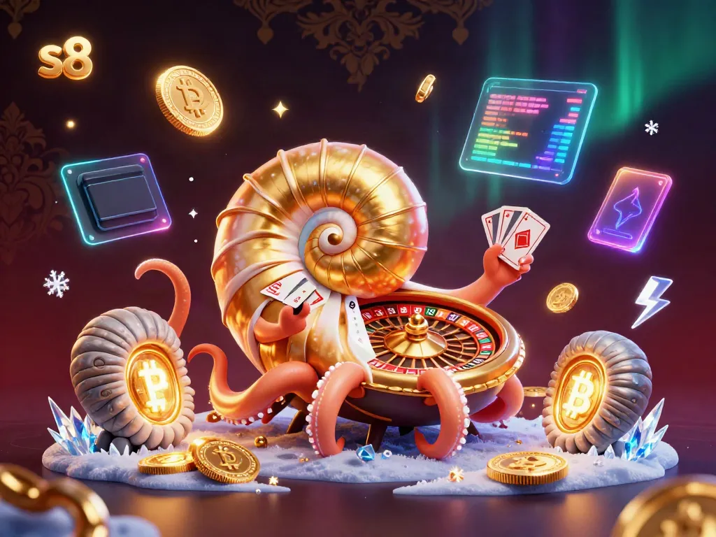 Play exciting casino games at s8 with a majestic nautilus roulette wheel and glowing crypto coins.