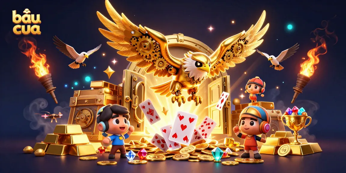 Engage in thrilling bầu cua gameplay with a vibrant 3D golden eagle illustration and dazzling casino elements.