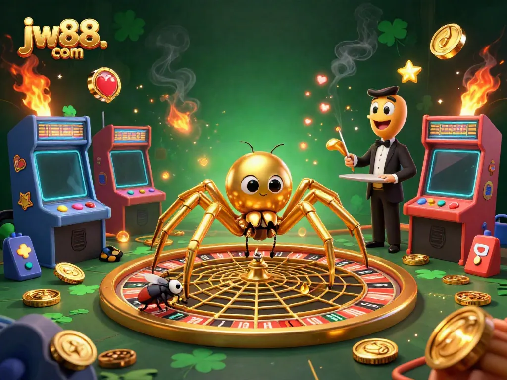 Engage with jw88. com as a golden spider spins a roulette wheel in a dynamic casino scene.