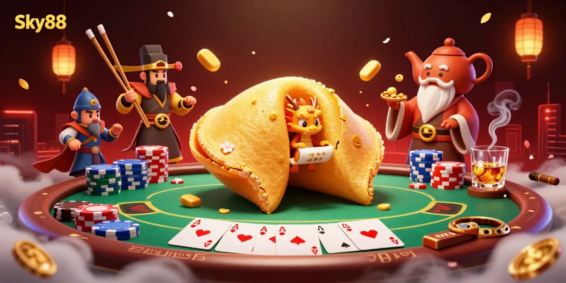 Experience Sky88's thrilling casino atmosphere filled with golden luck, poker excitement, and dynamic gaming elements.