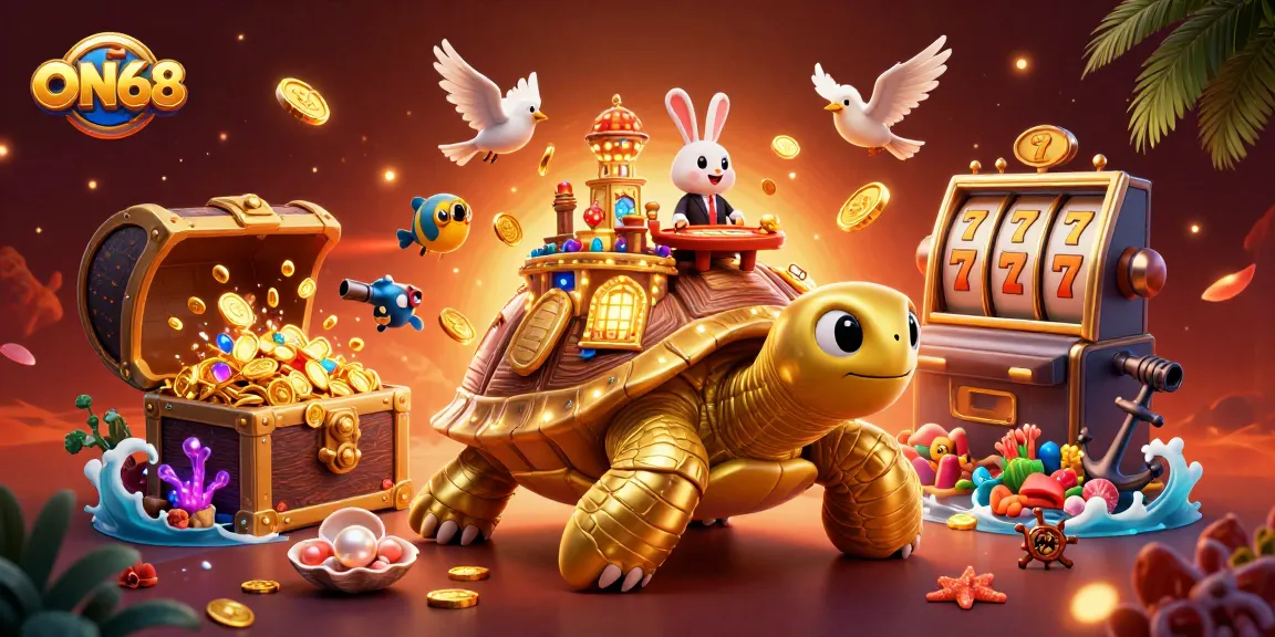 Experience winning jackpots with ON68's vibrant casino adventure featuring a golden tortoise!