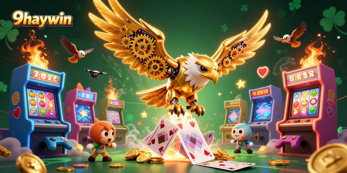 Experience thrilling gameplay at 9haywin with a golden eagle diving through holographic cards.