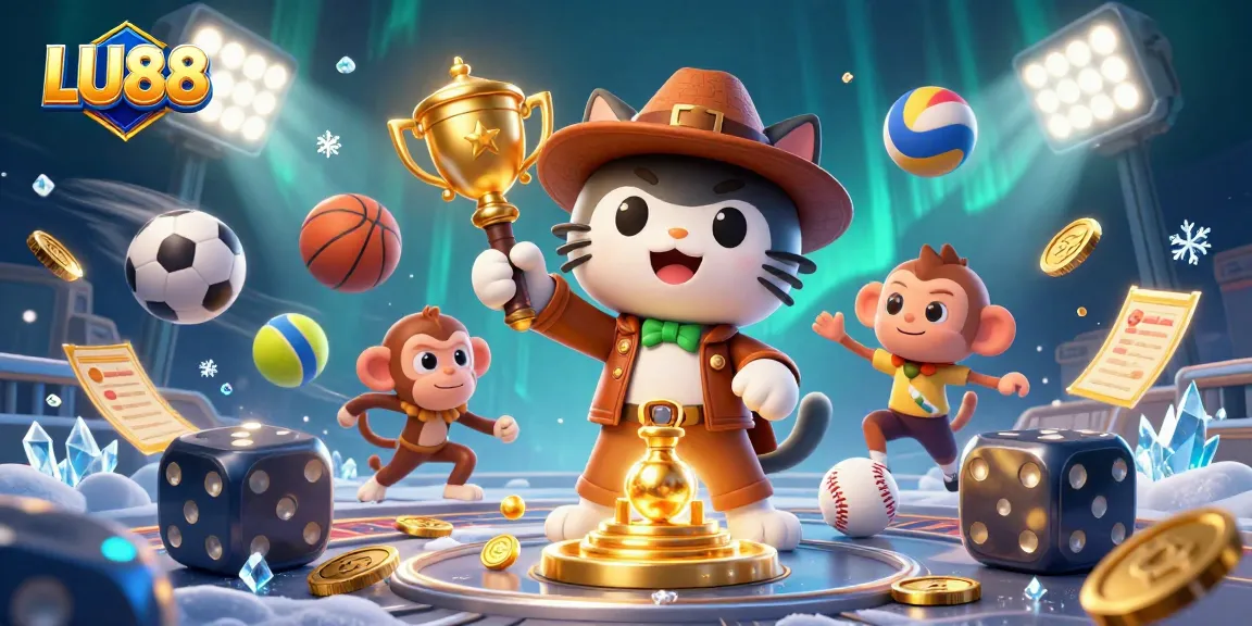 LU88 depicts an explorer cat discovering a golden casino artifact amidst vibrant sports elements.