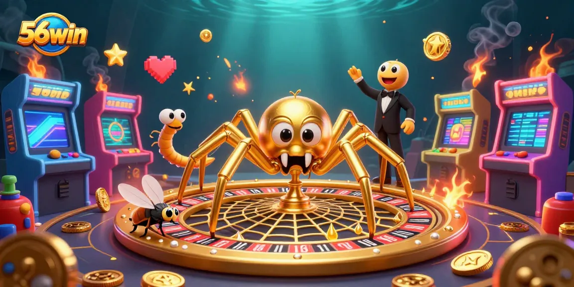 Experience 56win's thrilling roulette action with a golden spider spinning a web and bets on the edge.