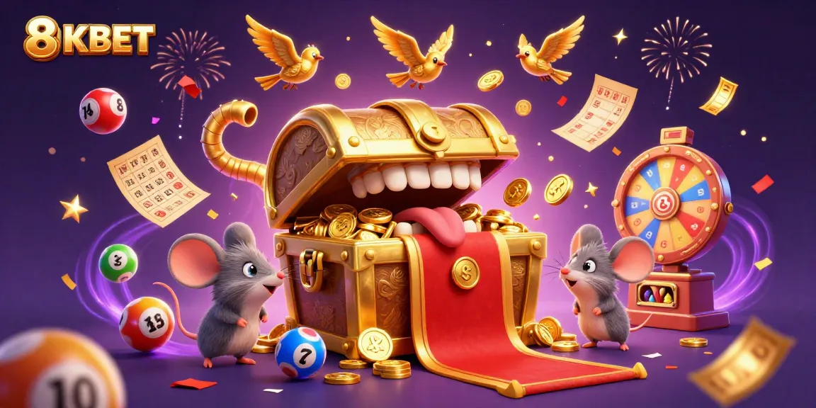 Play with excitement at 8KBET, where treasures and lottery chances abound, featuring colorful elements.