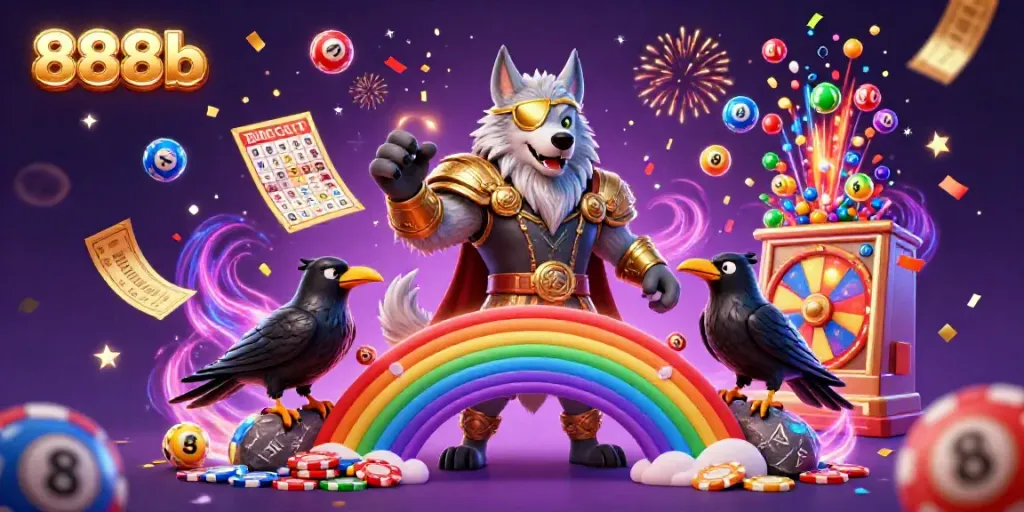 Engage in the vibrant world of 888b with Odin and ravens surrounded by casino elements.
