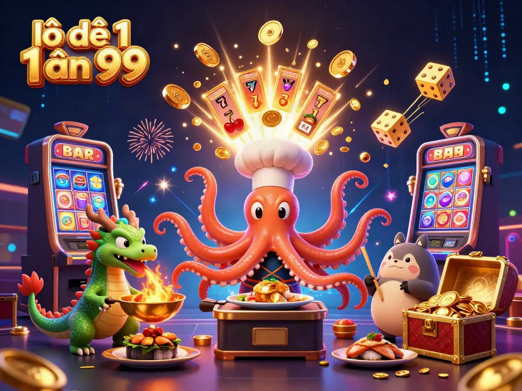 Experience thrilling gameplay with lô đề 1 ăn 99 in an electric casino scene featuring an octopus chef and exciting jackpots.