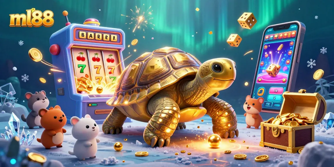Play exciting games at ml88 with a colossal golden tortoise pinball machine and jackpot slot symbols bursting with coins.