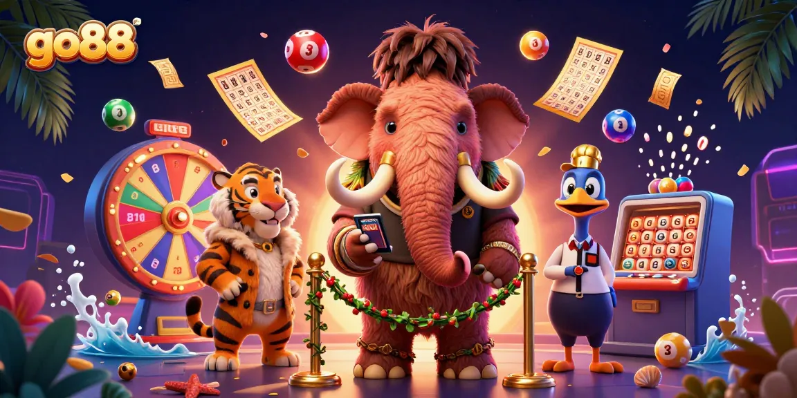Experience excitement at go88 with a vibrant casino scene featuring a woolly mammoth checking IDs and lively lottery elements.