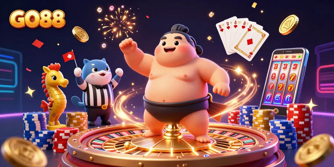 GO88 brings excitement with a dynamic scene of casino games, featuring a fugu, catfish referee, and lively spectators.