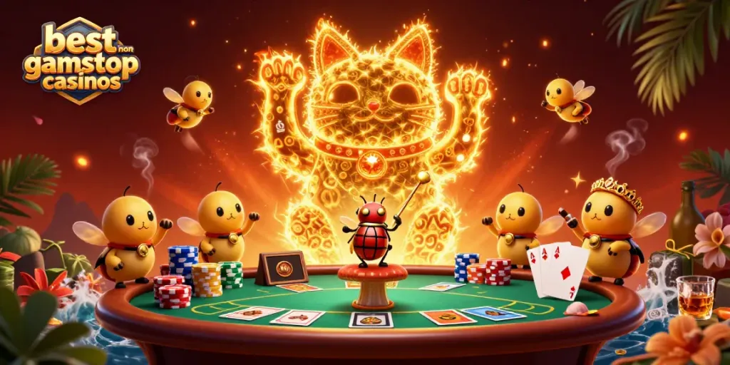 Experience the vibrant energy of the best non gamstop casinos with a colorful, dynamic 3D illustration.