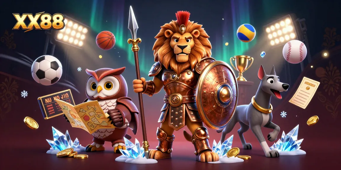 Experience thrilling betting action at XX88 with a heroic lion, wise owl, and swift greyhound showcasing dynamic sports elements.