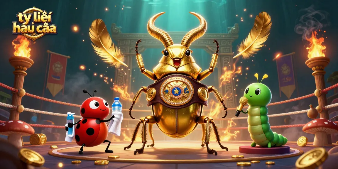 Visualize tỷ lệ nhà cái in a dynamic sports betting arena featuring a golden stag beetle boxer and lively atmosphere.