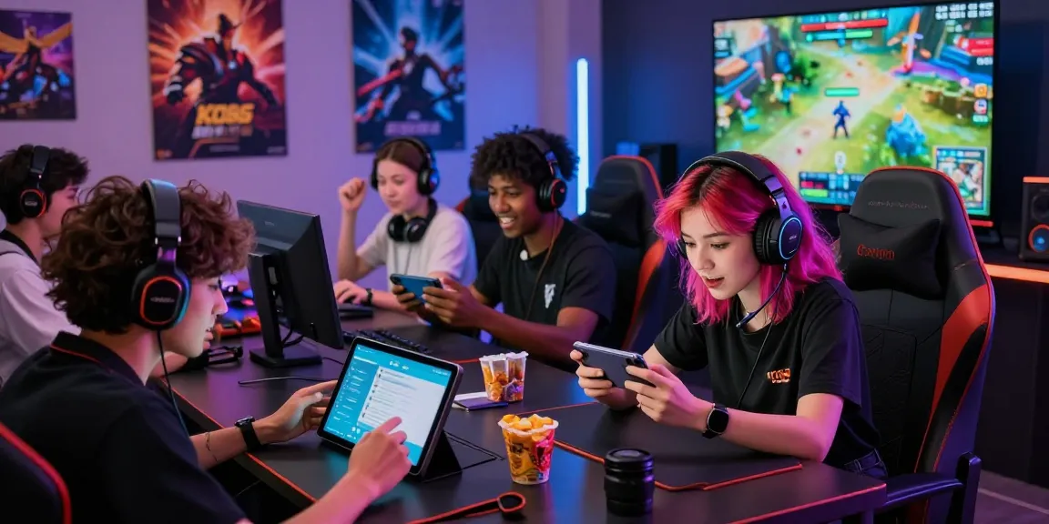 Exciting KO66 gaming experience with diverse players using app on smartphones in vibrant gaming setup.