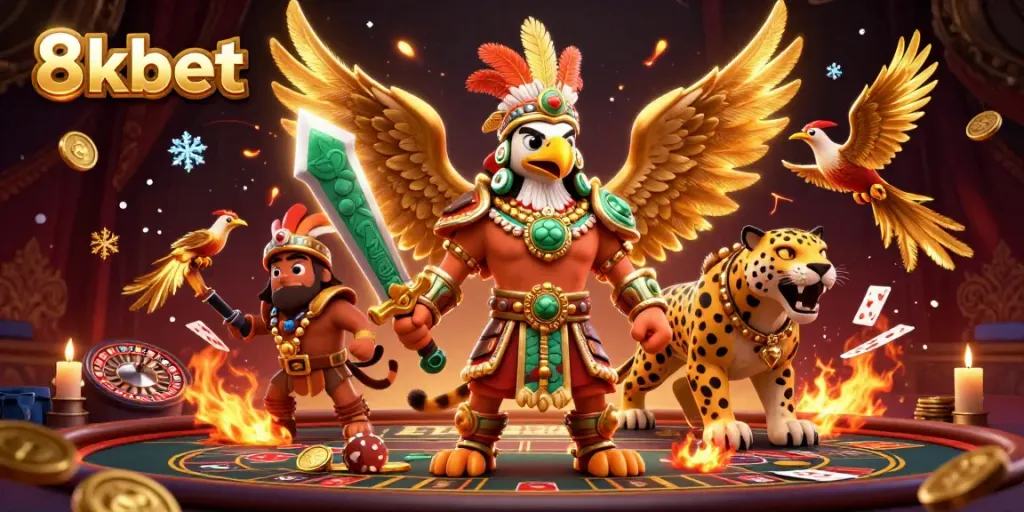 Engage with 8kbet's vibrant online casino scene featuring action-packed characters and iconic gambling elements.