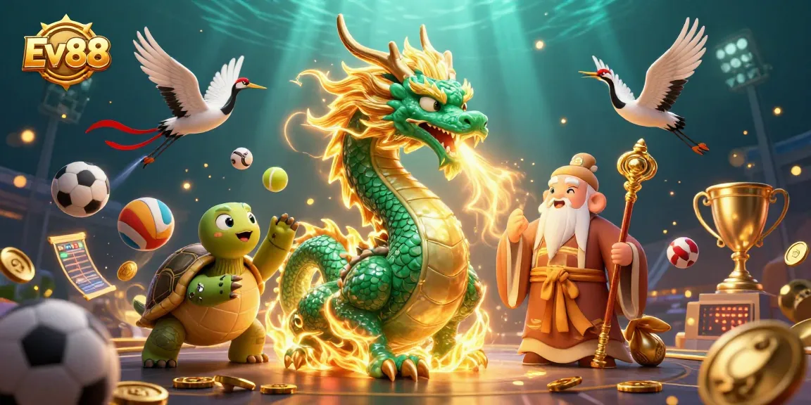 Experience exciting gameplay at Ev88, featuring a dynamic scene with a jade dragon, lucky cranes, and sports elements.