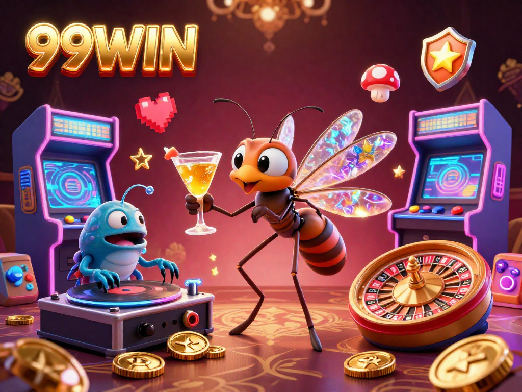 Experience the vibrant casino fantasy at 99WIN with an animated mosquito mascot and DJ on dynamic gaming elements.