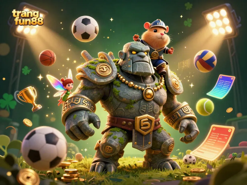 Experience the dynamic action of trang fun88 with a captivating 3D illustration depicting a magical golem, fairy, and hamster knight amidst sports elements.