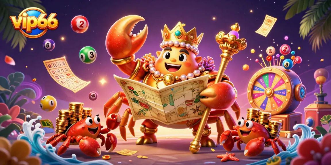 Experience vip66 online casino games with a dynamic illustration of a crab emperor amidst colorful gaming elements.