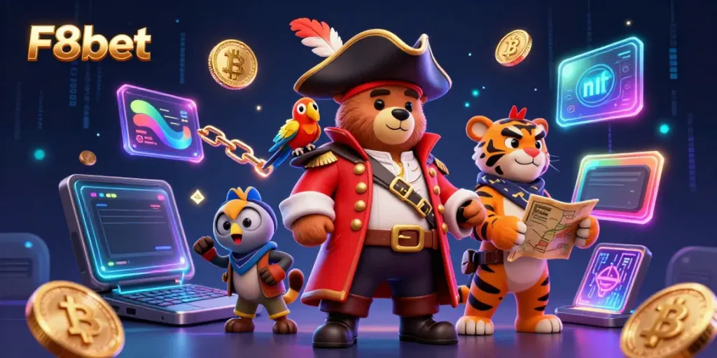 Engage in thrilling adventures with F8bet, as a pirate bear and fierce tiger explore a vibrant casino world.
