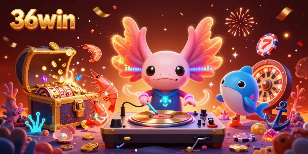 Experience vibrant gaming with 36win's lively underwater casino scene featuring colorful characters and slot elements.