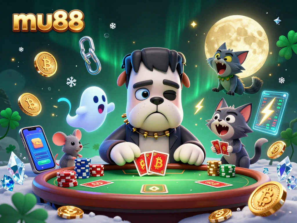 Join a thrilling game at mu88 with a spooky Frankenstein bulldog dealer and cool crypto visuals