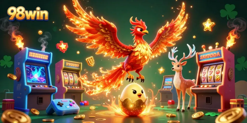 Experience thrilling gameplay with 98win's vibrant slot games amidst a mystical 3D illustration.