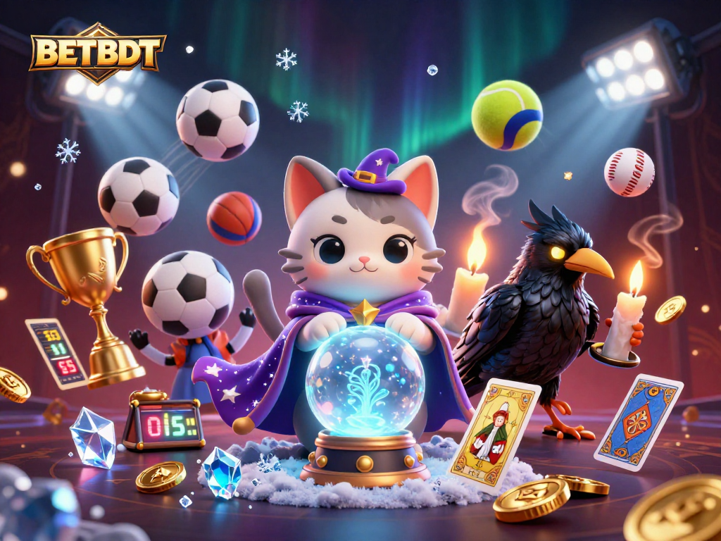 Experience BETBDT's immersive gaming through a captivating 3D scene featuring fortune teller cat and tarot raven.