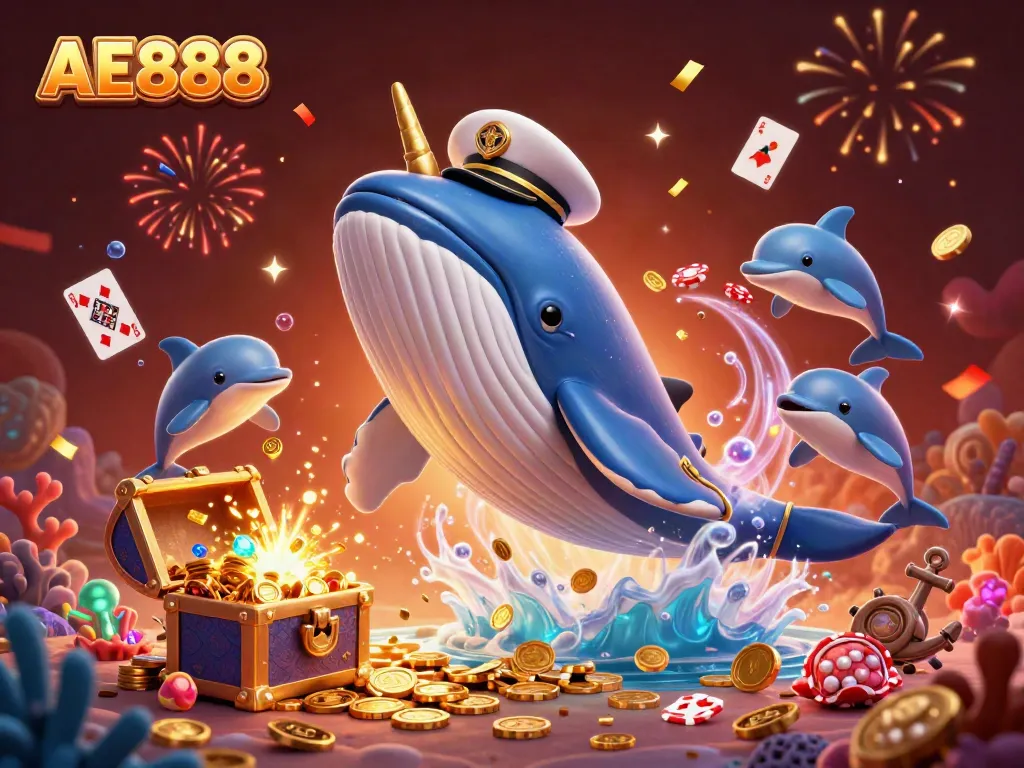 Experience the excitement of AE888 with an engaging casino-themed underwater scene featuring playful characters and festive elements.