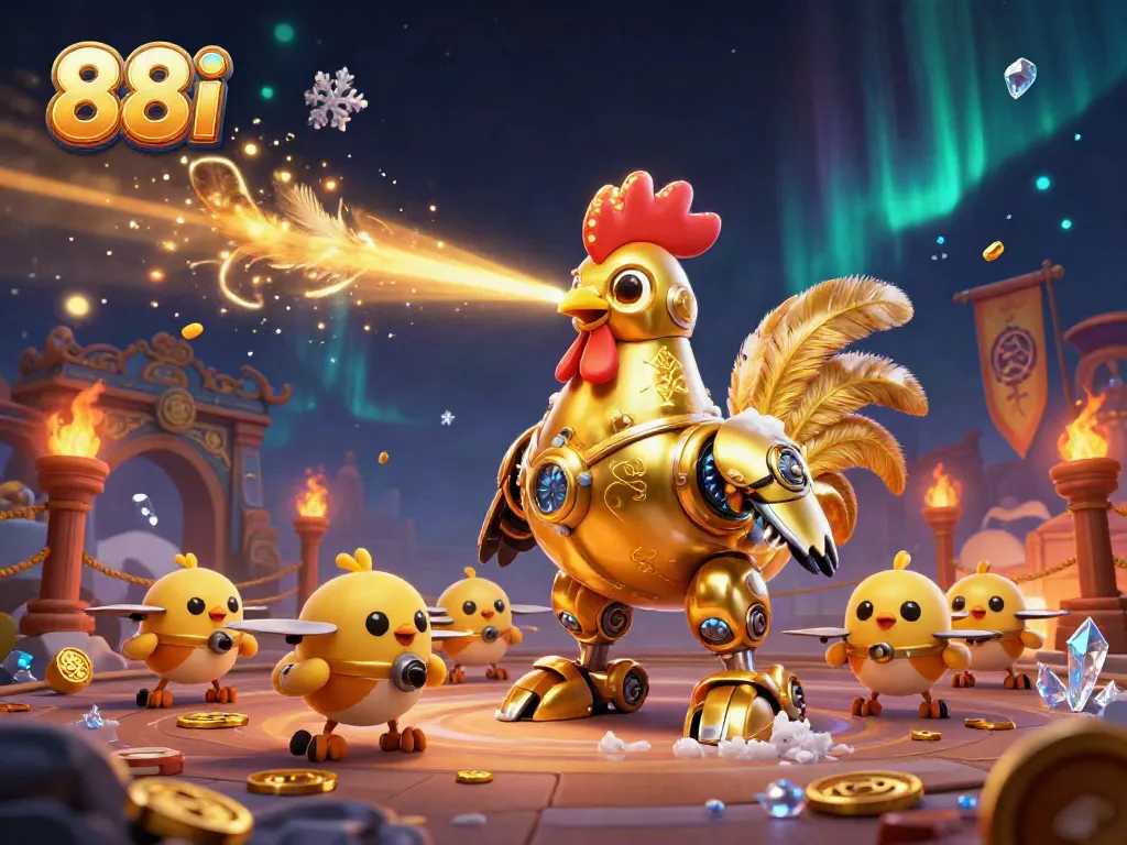 Engage in thrilling adventures with 88i's golden rooster robot shooting lasers in an energetic casino scene.