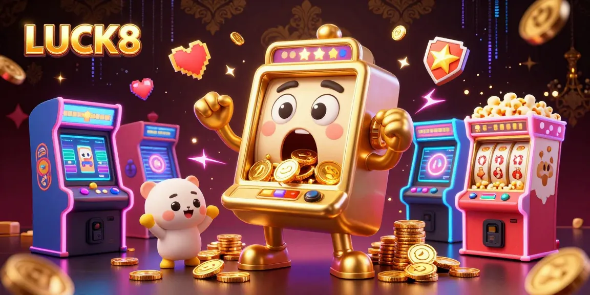 LUCK8 slot machine celebrating a jackpot win with vibrant casino elements, coins showering around.