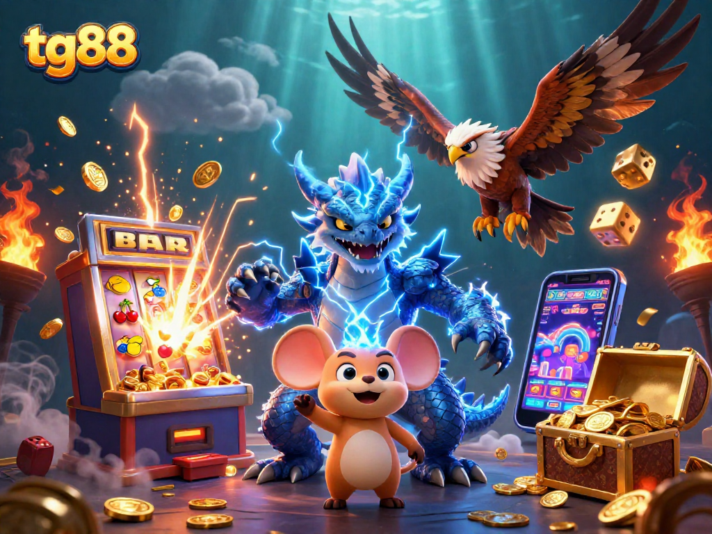 Spin to win big at tg88 with an electric dragon and vibrant casino elements